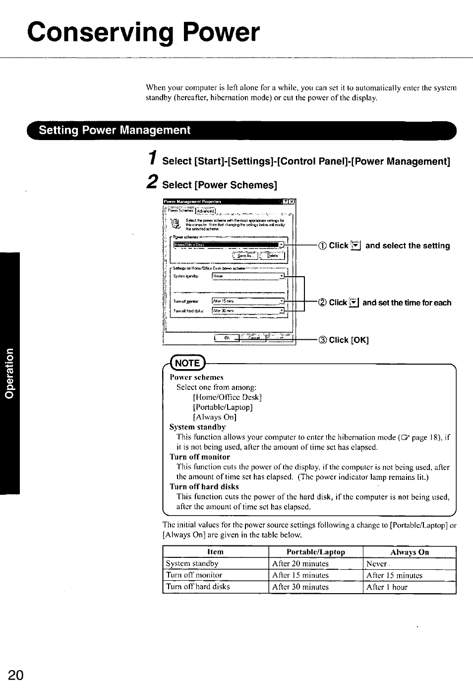 Conserving power, Setting power management, 2 select [power schemes | 0 click |f| and select the setting, And set the time for each, D click [ok, Select [power schemes | Panasonic CF-E1M User Manual | Page 20 / 64