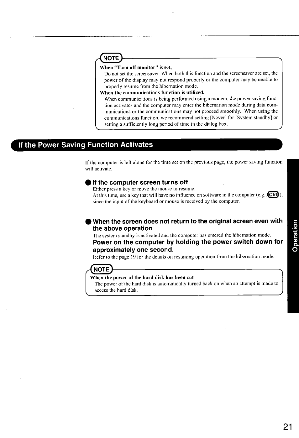 If the computer screen turns off, If the power saving function activates | Panasonic CF-E1M User Manual | Page 21 / 64