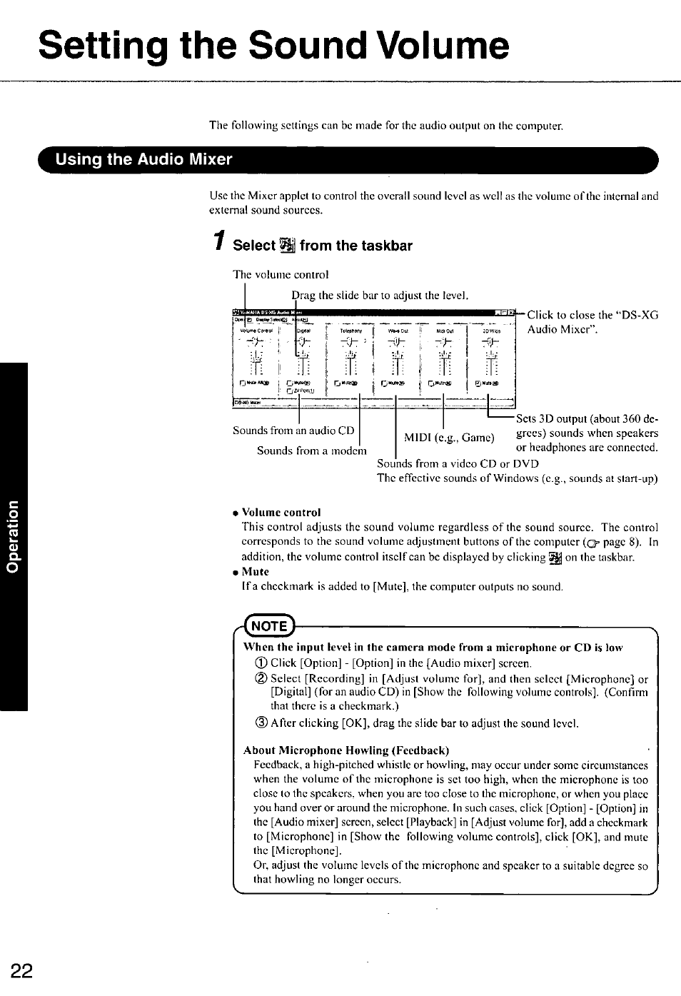 Setting the sound volume, Using the audio mixer, Select ^ from the taskbar | Panasonic CF-E1M User Manual | Page 22 / 64