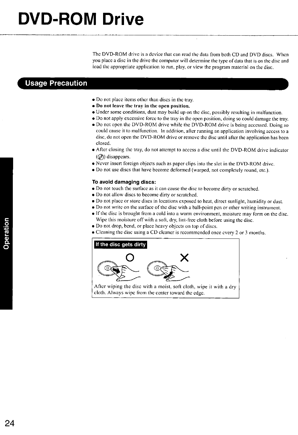 Dvd-rom drive, Usage precaution, To avoid damaging discs | Panasonic CF-E1M User Manual | Page 24 / 64