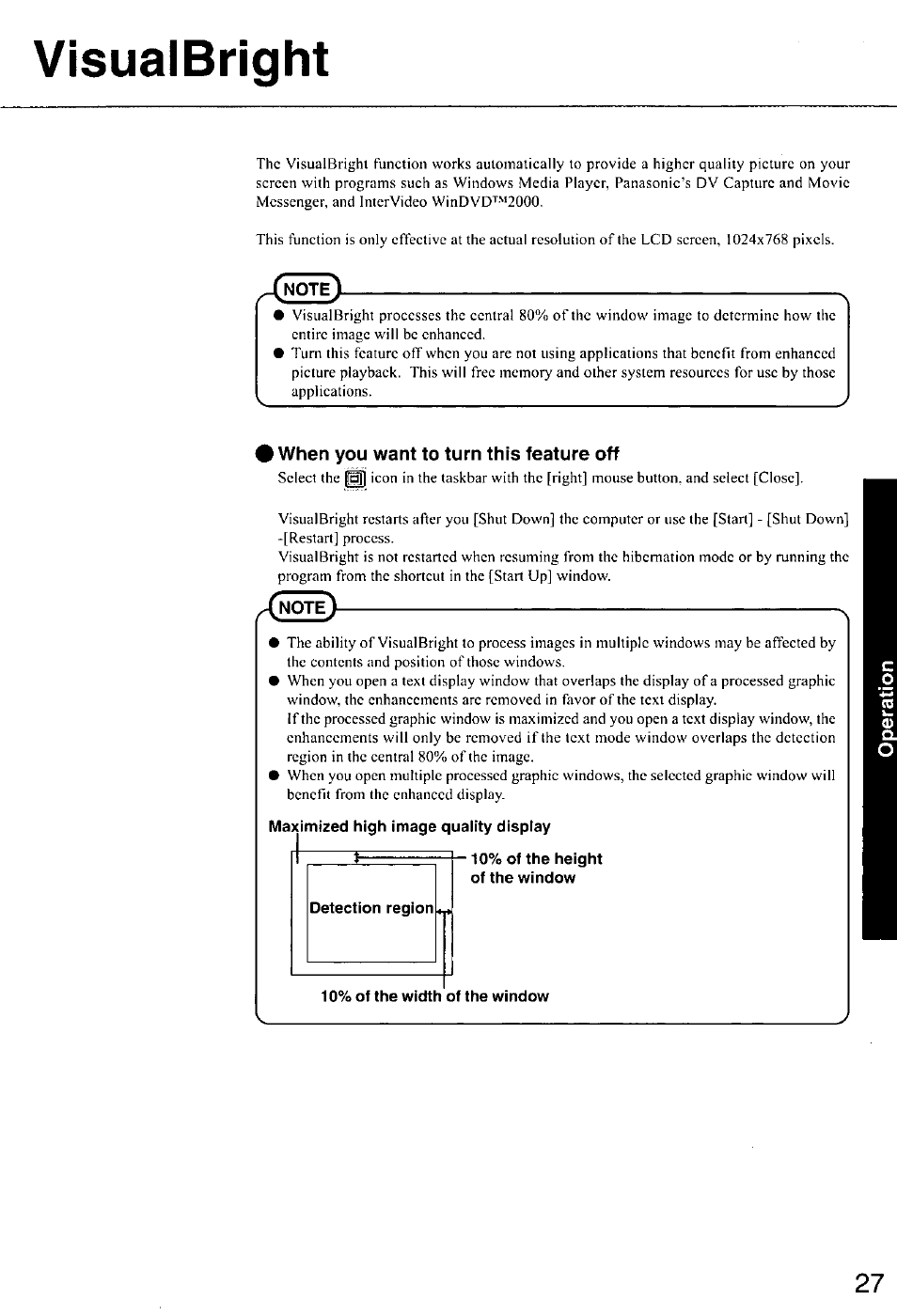 Visualbright, When you want to turn this feature off, Maximized high image quality display 1 | 10% of the width of the window, Visuaibright | Panasonic CF-E1M User Manual | Page 27 / 64