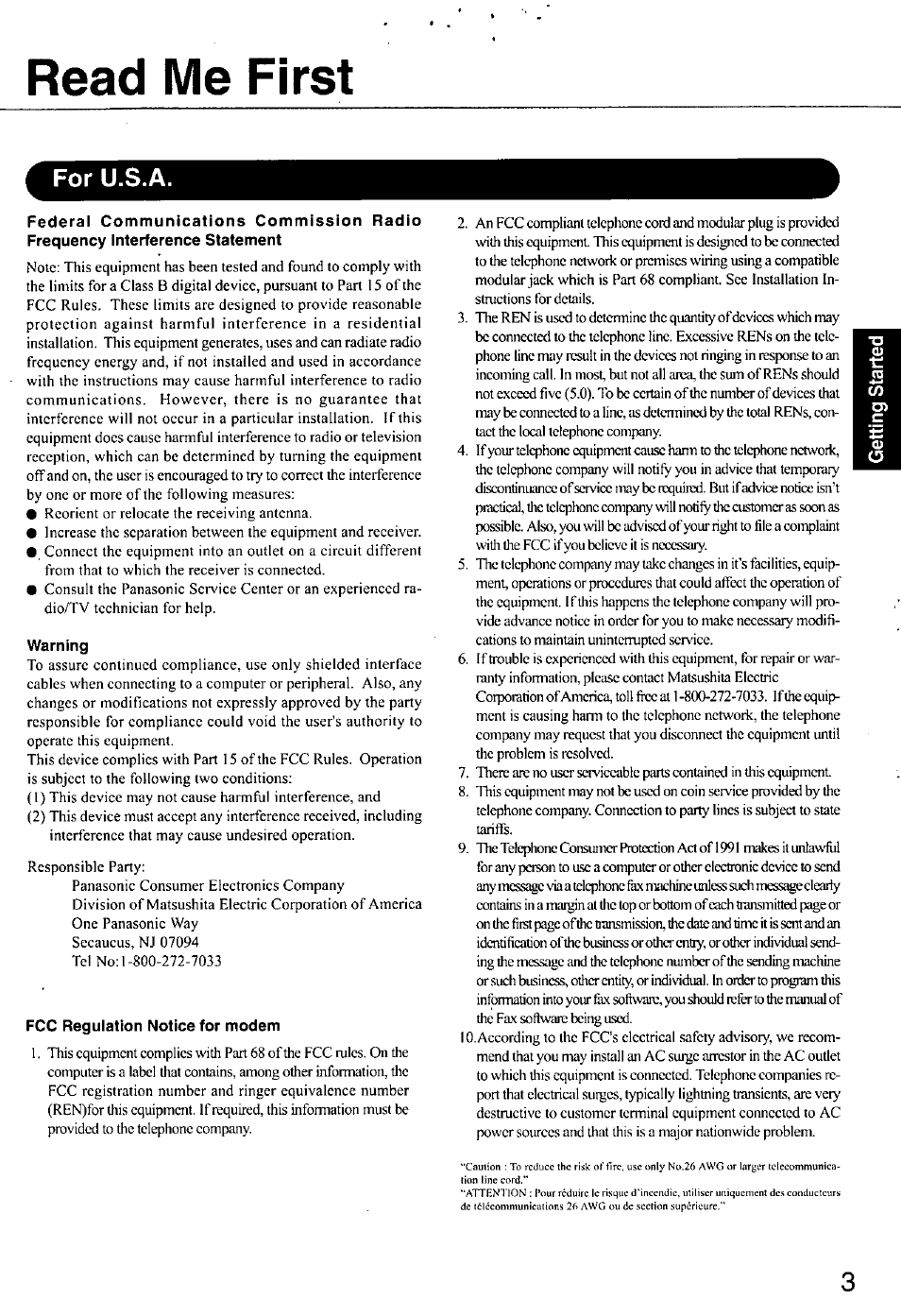 Read me first, Warning, Fcc regulation notice for modem | For u.s.a | Panasonic CF-E1M User Manual | Page 3 / 64