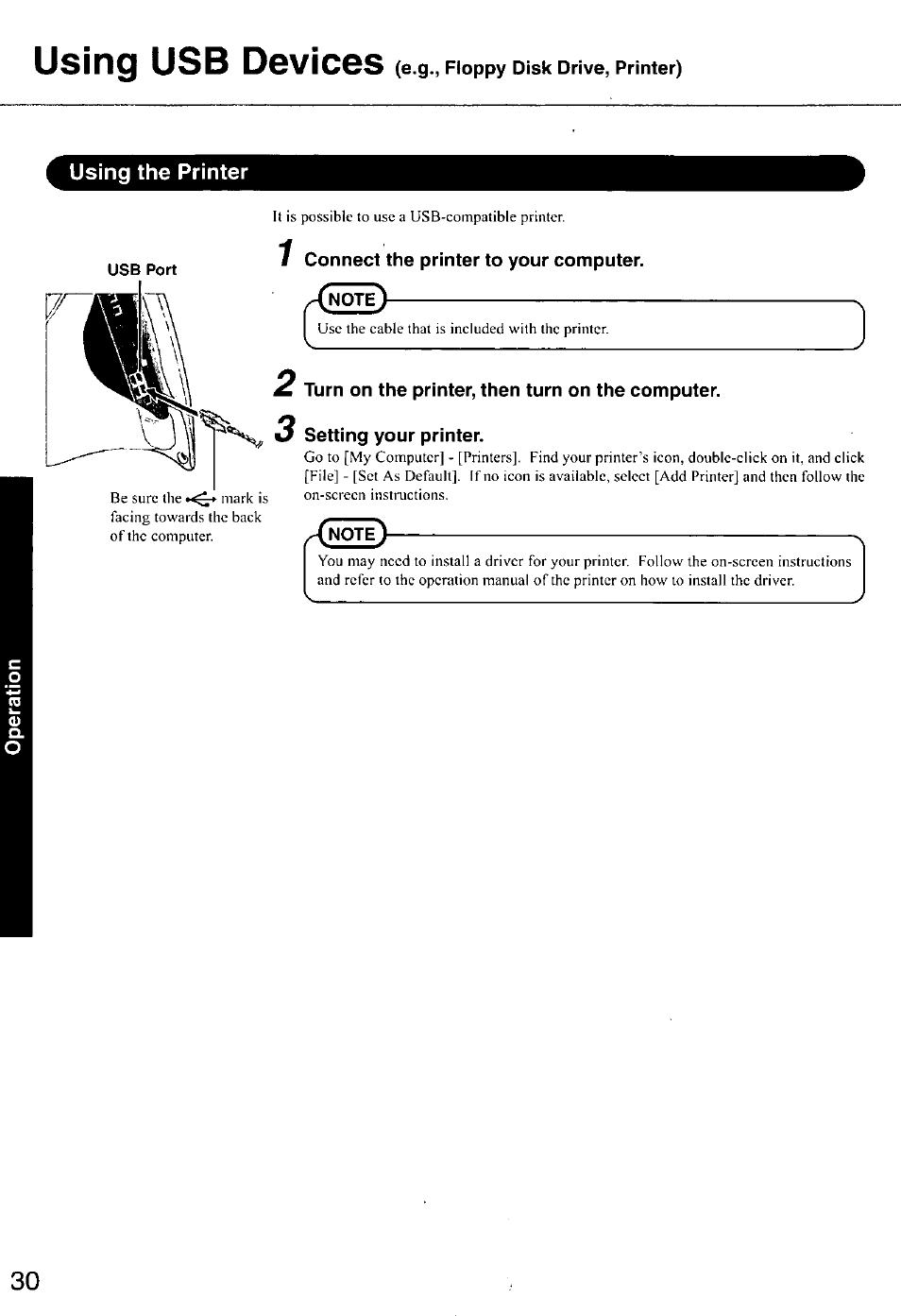 Using the printer, 1 connect the printer to your computer, Note | Turn on the printer, then turn on the computer, Setting your printer, Using usb devices (e.g., fdd. printer), Using usb devices | Panasonic CF-E1M User Manual | Page 30 / 64