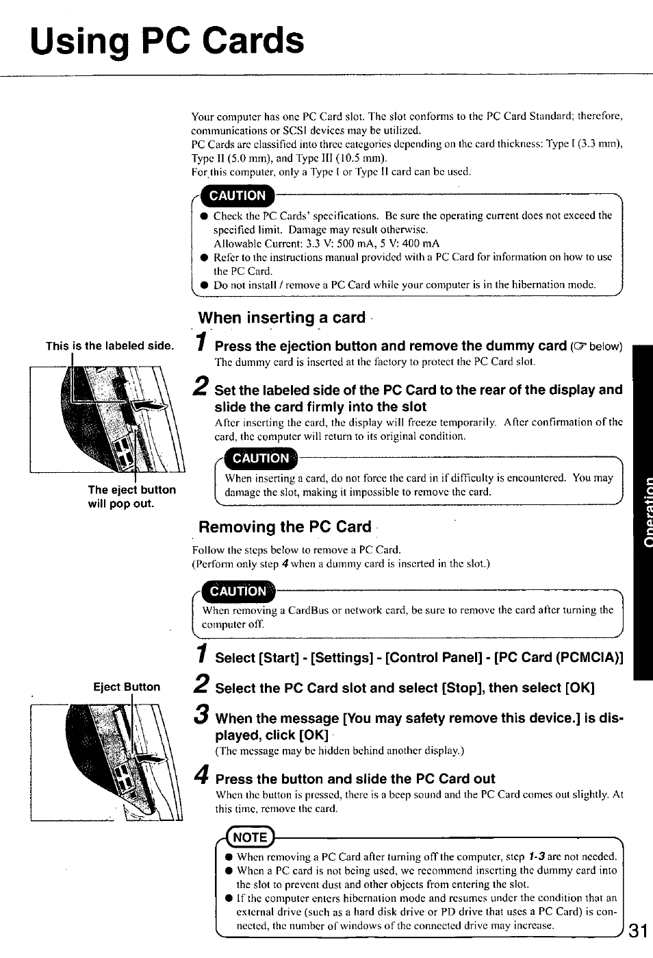 Using pc cards, When inserting a card, Removing the pc card | Press the button and slide the pc card out | Panasonic CF-E1M User Manual | Page 31 / 64