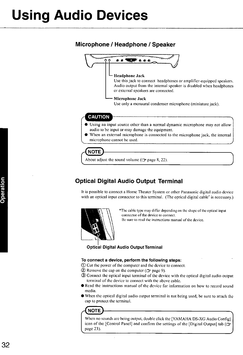 Using audio devices, Microphone / headphone / speaker, Optical digital audio output terminal | To connect a device, perform the following steps | Panasonic CF-E1M User Manual | Page 32 / 64