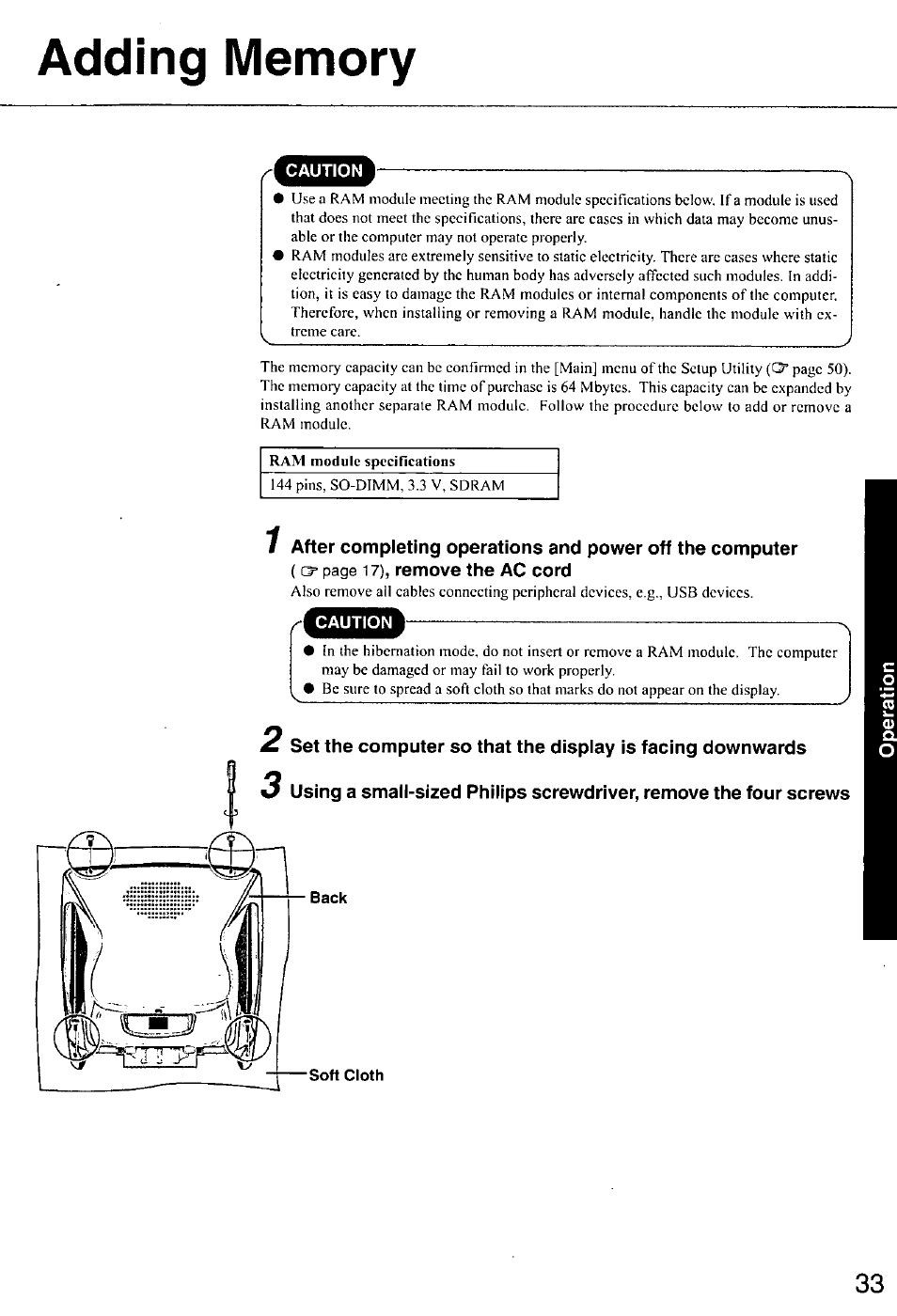 Adding memory, Soft cloth | Panasonic CF-E1M User Manual | Page 33 / 64