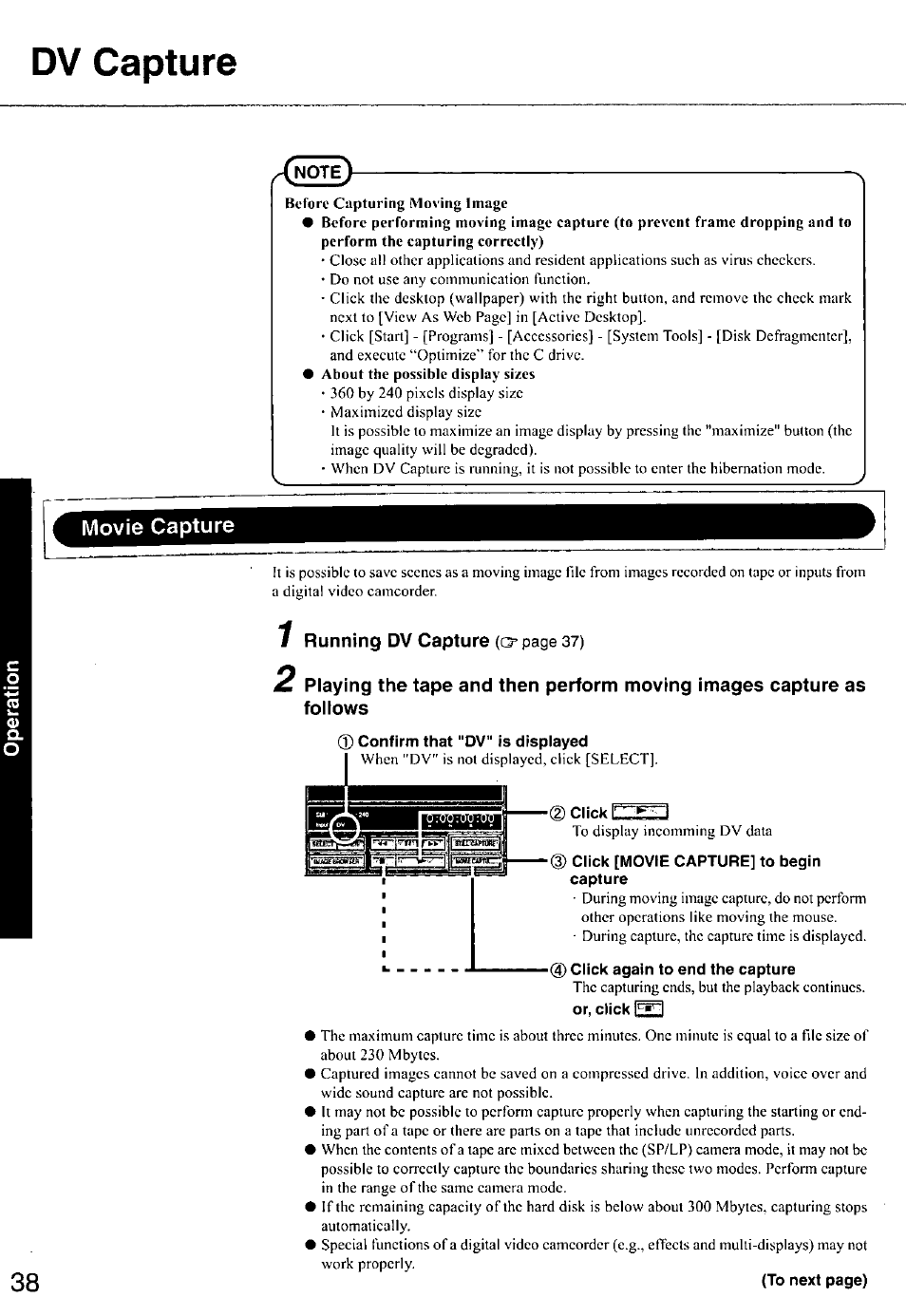 Dv capture, Movie capture, Confirm that "dv" is displayed | Click n, Click [movie capture] to begin capture, Click again to end the capture, Or, click | Panasonic CF-E1M User Manual | Page 38 / 64