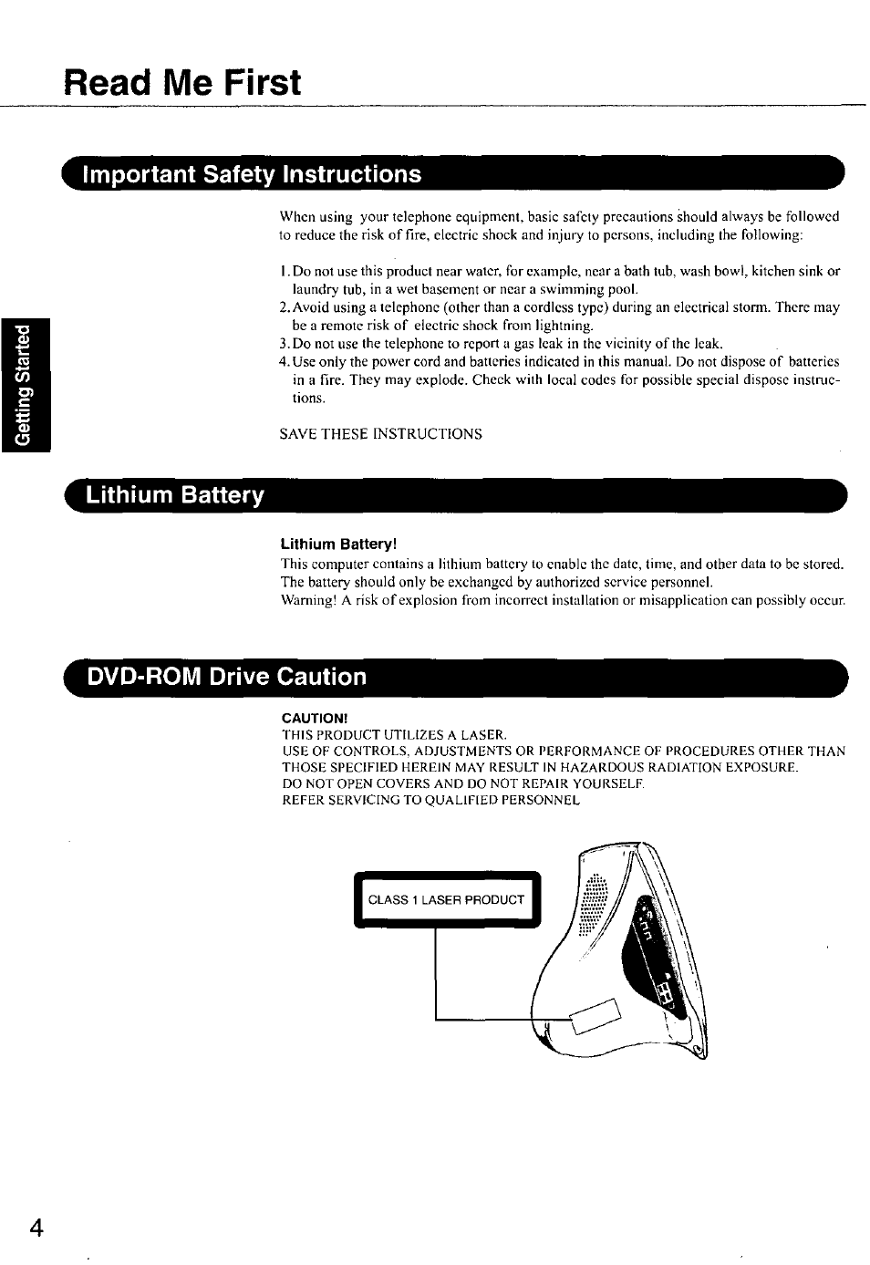 Read me first, Important safety instructions, Lithium battery | Dvd-rom drive caution | Panasonic CF-E1M User Manual | Page 4 / 64