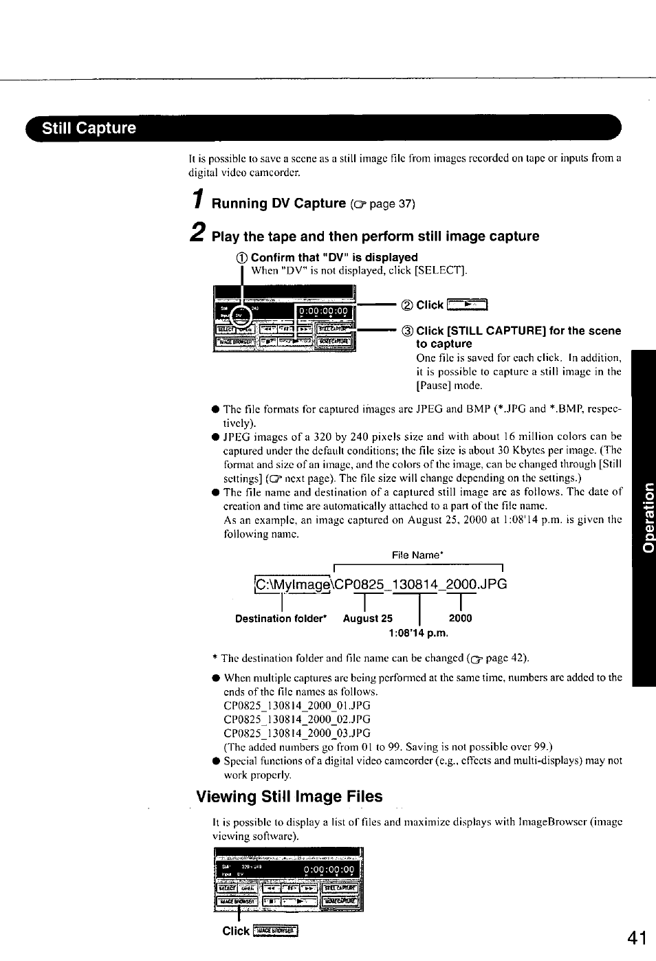 Still capture, Play the tape and then perform still image capture, Confirm that "dv" is displayed | Click, Click [still capture] for the scene to capture, Viewing still image files | Panasonic CF-E1M User Manual | Page 41 / 64