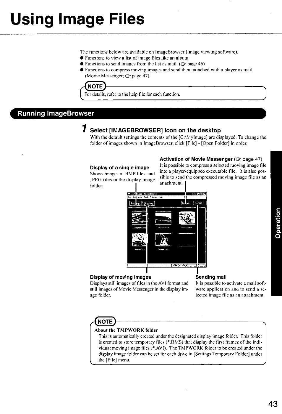 Using image files, Note, Running imagebrowser | Select [imagebrowser] icon on the desktop, Display of a single image, Display of moving images, Sending mail | Panasonic CF-E1M User Manual | Page 43 / 64
