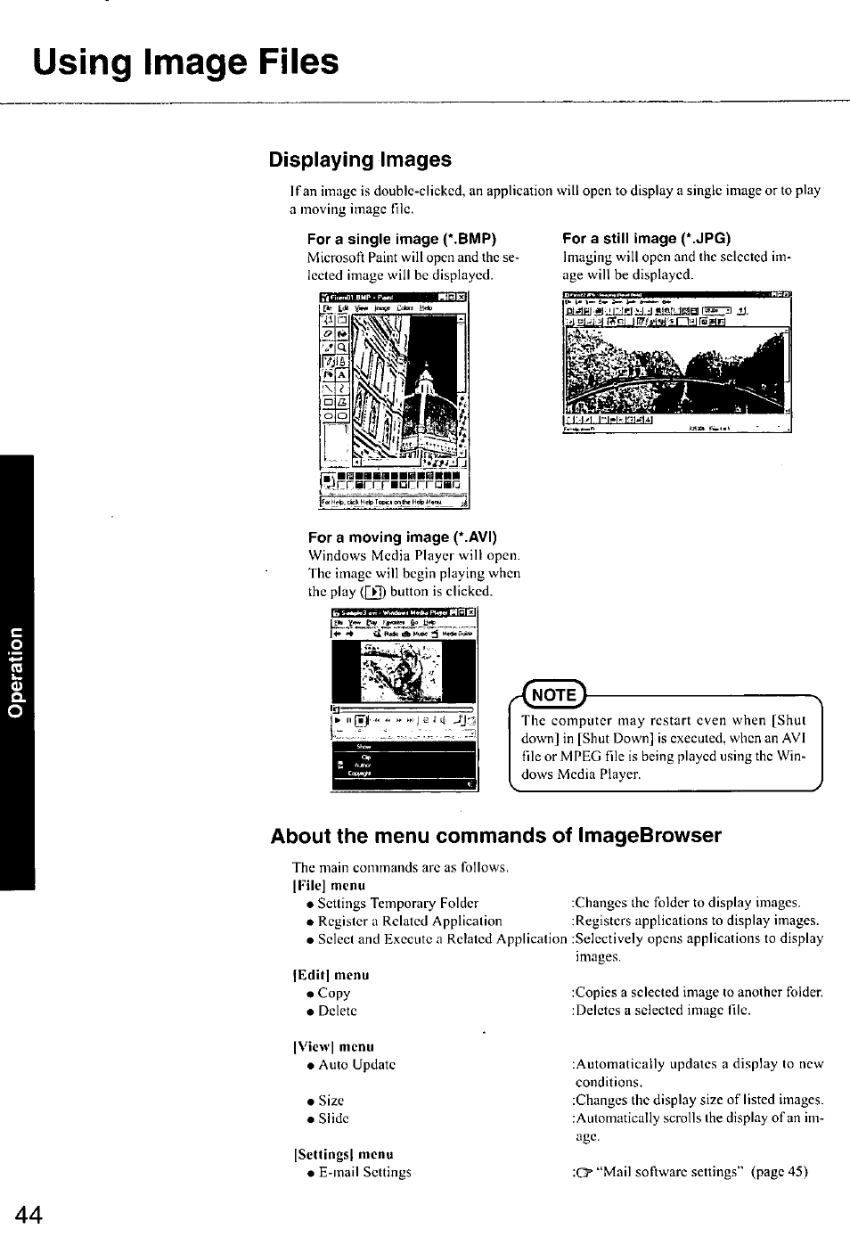 Using image files, Displaying images, For a single image (*.bmp) | For a still image (*.jpg), For a moving image (*.avi), About the menu commands of imagebrowser | Panasonic CF-E1M User Manual | Page 44 / 64