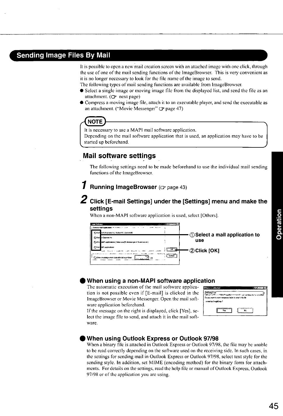 Sending image files by mail, Mail software settings, 0 select a mail application to use | When using a non-mapi software application, When using outlook express or outlook 97/98 | Panasonic CF-E1M User Manual | Page 45 / 64