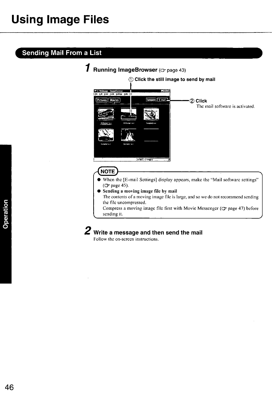 Using image files, Sending mail from a list, 0 click the still image to send by mail | Write a message and then send the mail | Panasonic CF-E1M User Manual | Page 46 / 64