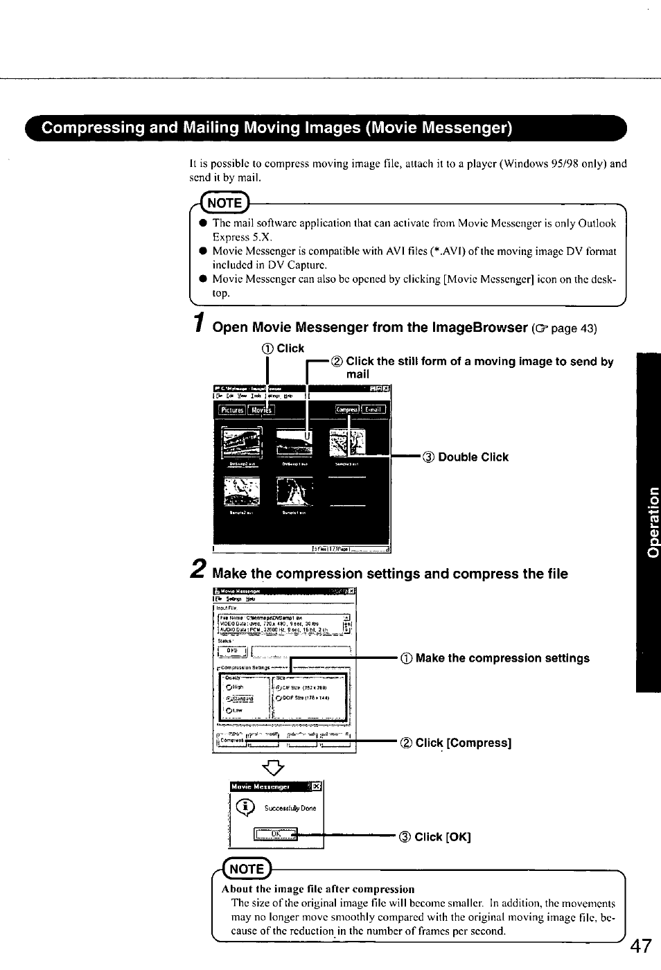 0 click, Double click, 0 make the compression settings | Click [compress, Open movie messenger from the imagebrowser | Panasonic CF-E1M User Manual | Page 47 / 64