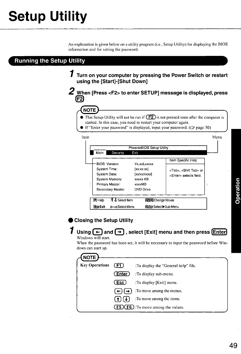 Setup utility, Running the setup utility, 9 closing the setup utility | Panasonic CF-E1M User Manual | Page 49 / 64