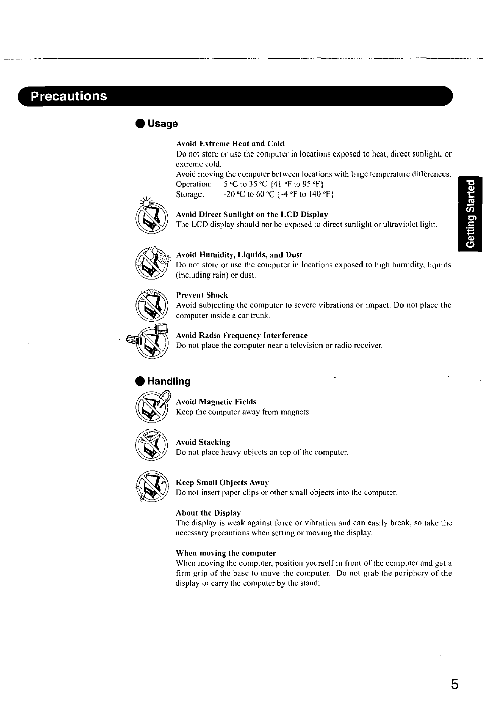 Usage, Handling, Precautions | Panasonic CF-E1M User Manual | Page 5 / 64