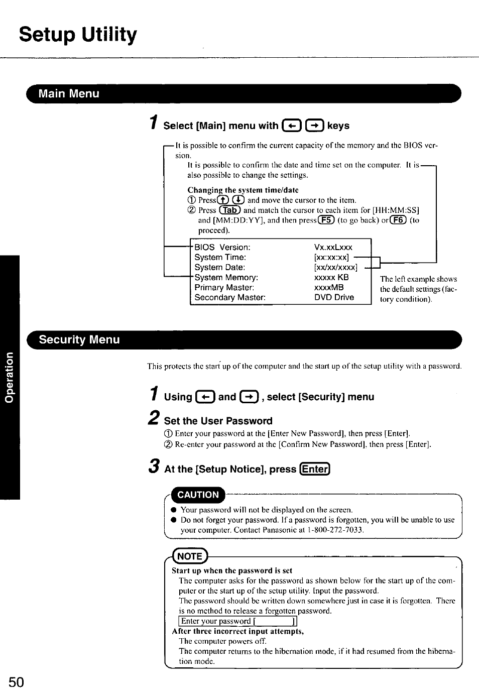 Setup utility, Main menu, 1 select [main] menu with [ ^ i [ -» i keys | Security menu, 1 using [ <-1 and i -► 1, select [security] menu, 2 set the user password, 3 at the [setup notice], press [enter | Panasonic CF-E1M User Manual | Page 50 / 64