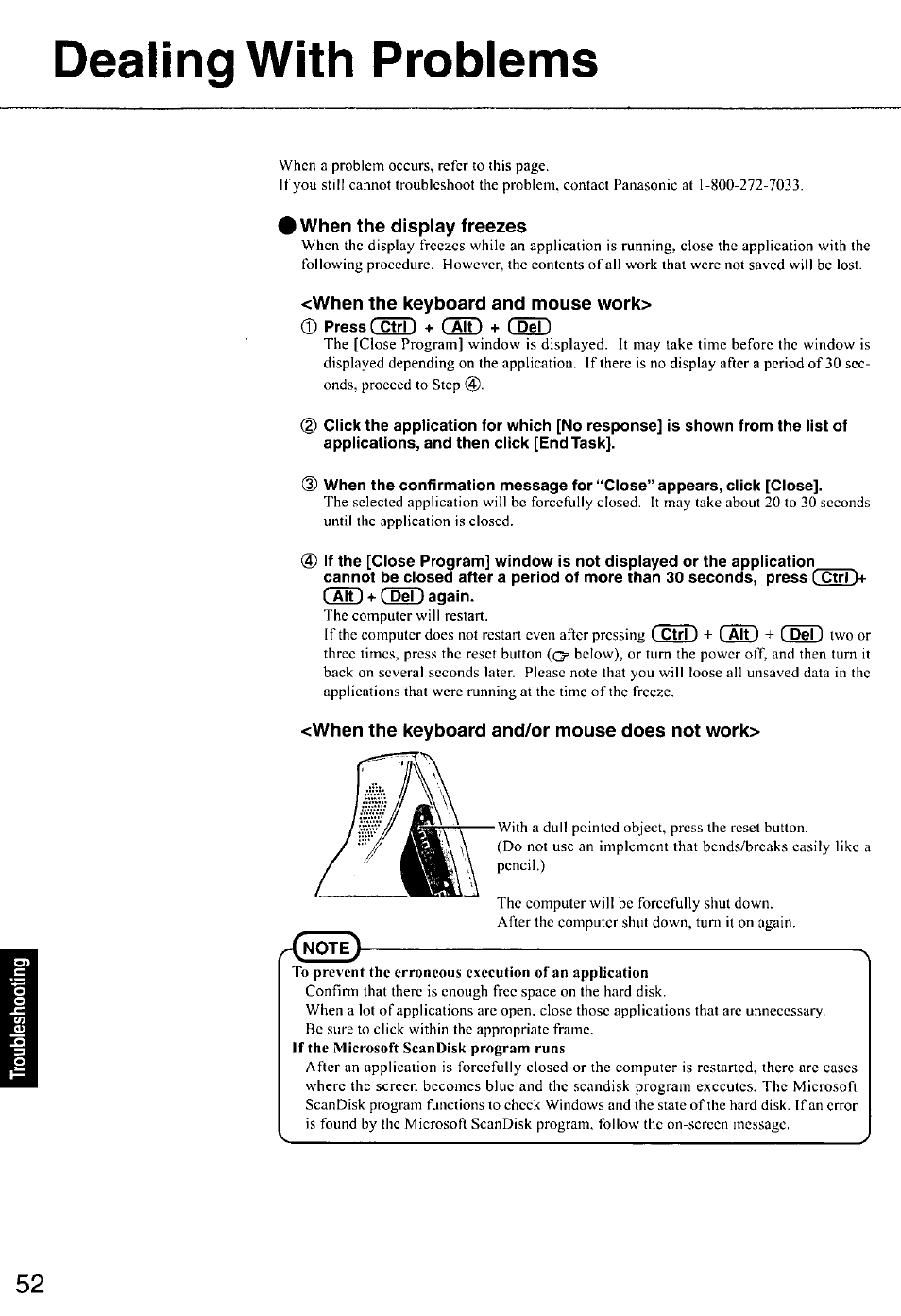 Dealing with problems, When the display freezes, When the keyboard and mouse work | When the keyboard and/or mouse does not work, Rctrd + (3d + (be) | Panasonic CF-E1M User Manual | Page 52 / 64