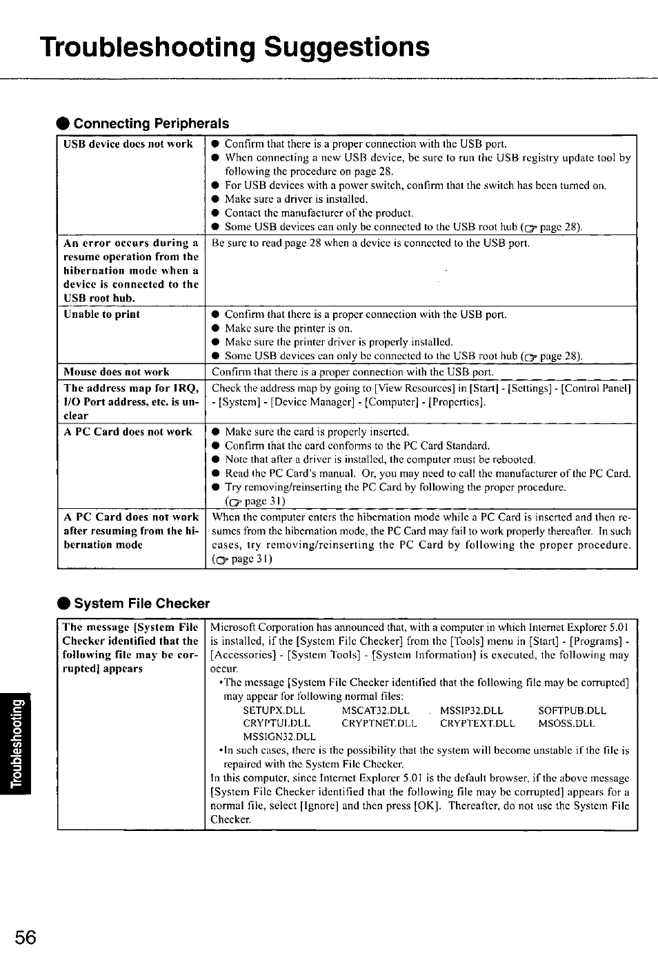 Troubleshooting suggestions, Connecting peripherals, System file checker | Panasonic CF-E1M User Manual | Page 56 / 64