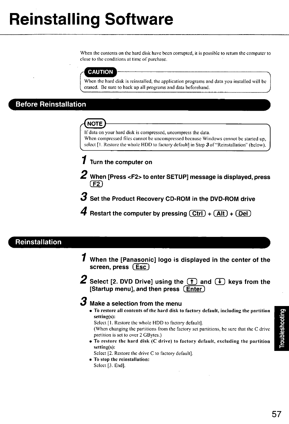 Reinstalling software, Before reinstallation, Turn the computer on | Reinstallation, 3 make a selection from the menu | Panasonic CF-E1M User Manual | Page 57 / 64