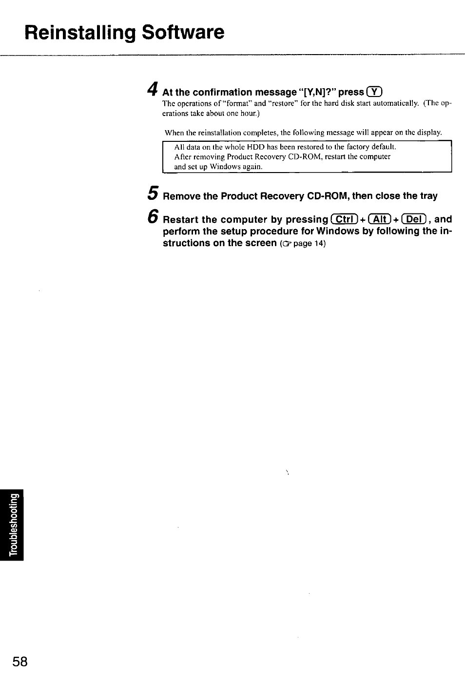 Reinstalling software, At the confirmation message “[y,n]?” press (y) | Panasonic CF-E1M User Manual | Page 58 / 64