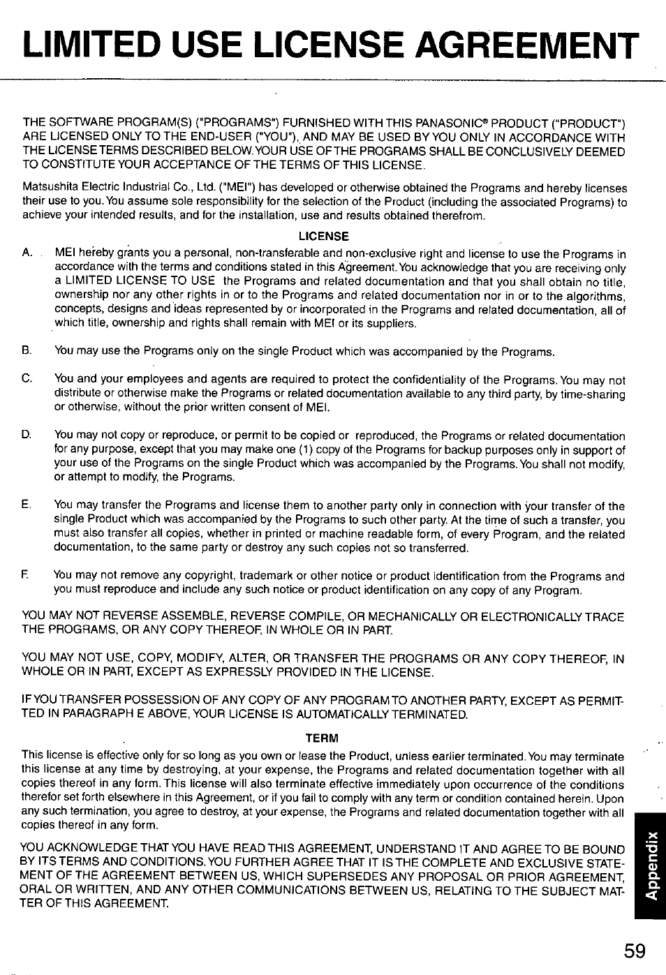 License, Term, Limited use license agreement | Panasonic CF-E1M User Manual | Page 59 / 64