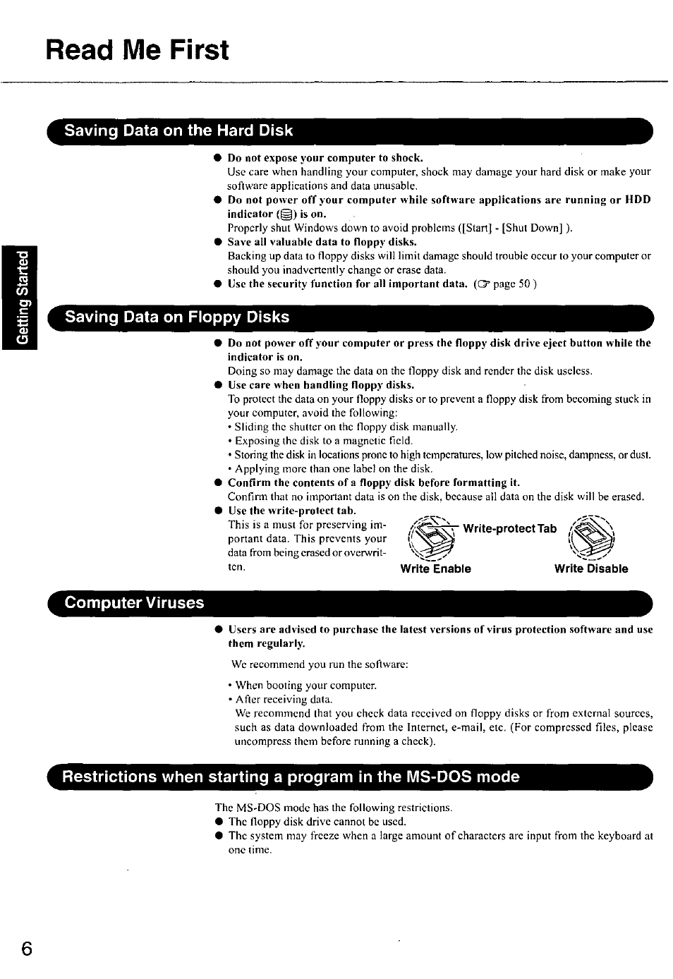 Read me first, Saving data on the hard disk, Saving data on floppy disks | Write-protect tab, Write disable, Computer viruses | Panasonic CF-E1M User Manual | Page 6 / 64