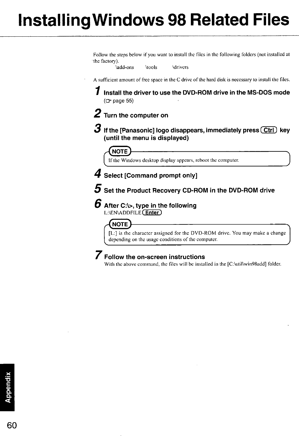 Installing windows 98 related files, 2 turn the computer on, Select [command prompt only | Follow the on-screen instructions | Panasonic CF-E1M User Manual | Page 60 / 64