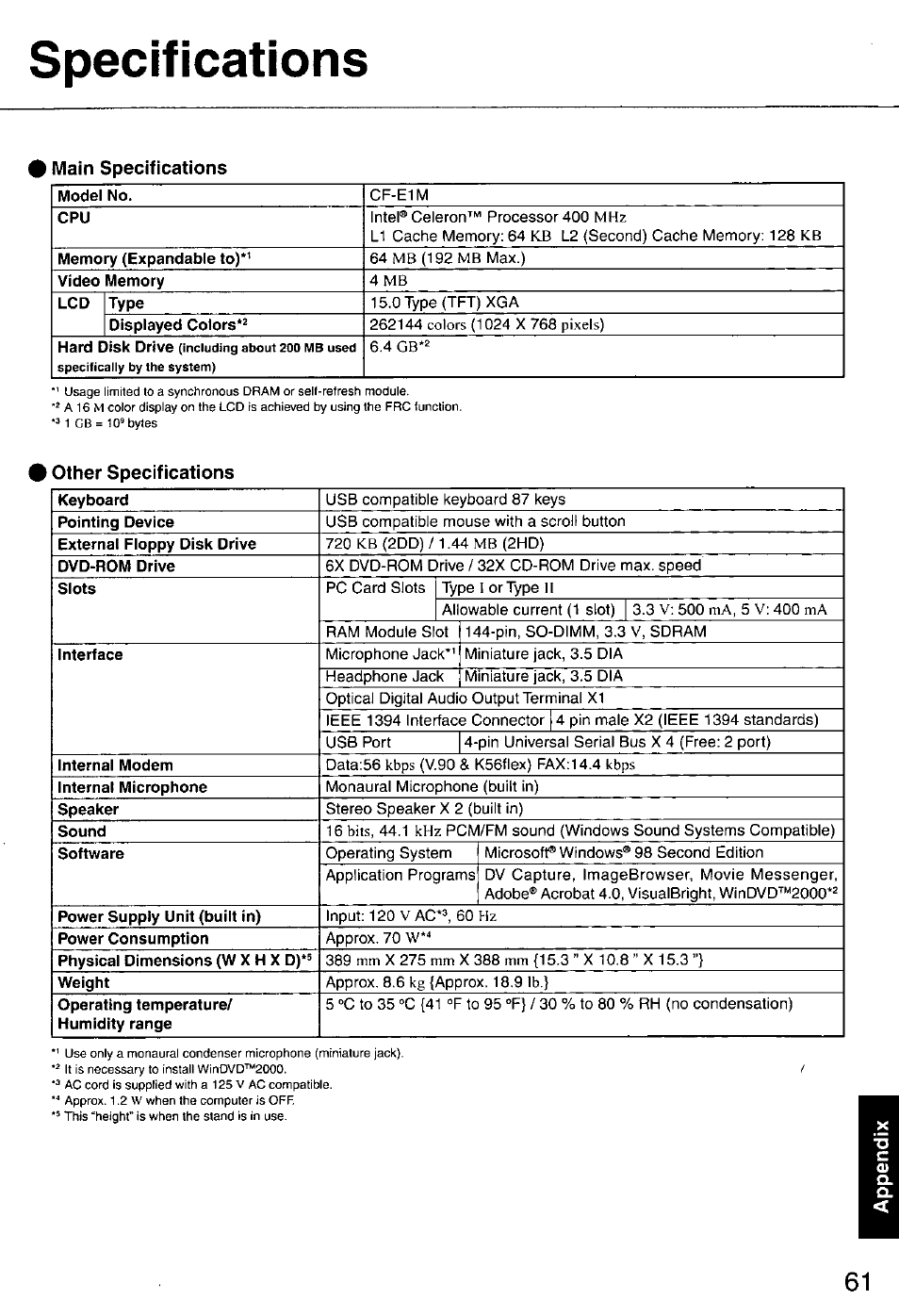 Specifications, Main specifications, Other specifications | Panasonic CF-E1M User Manual | Page 61 / 64