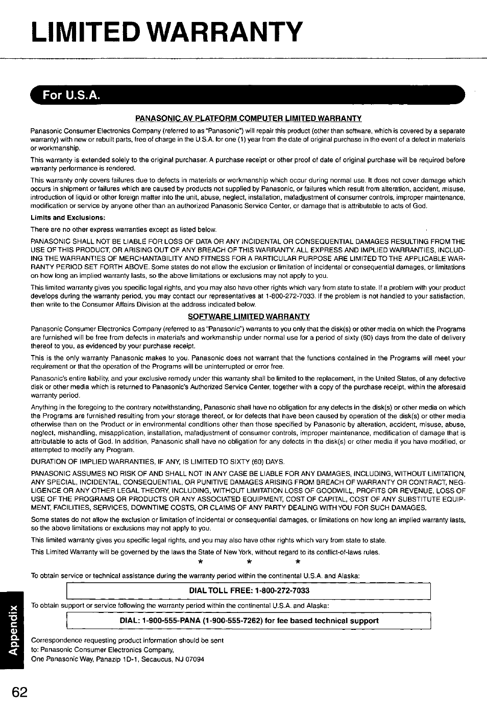 For u.s.a, Limited warranty | Panasonic CF-E1M User Manual | Page 62 / 64