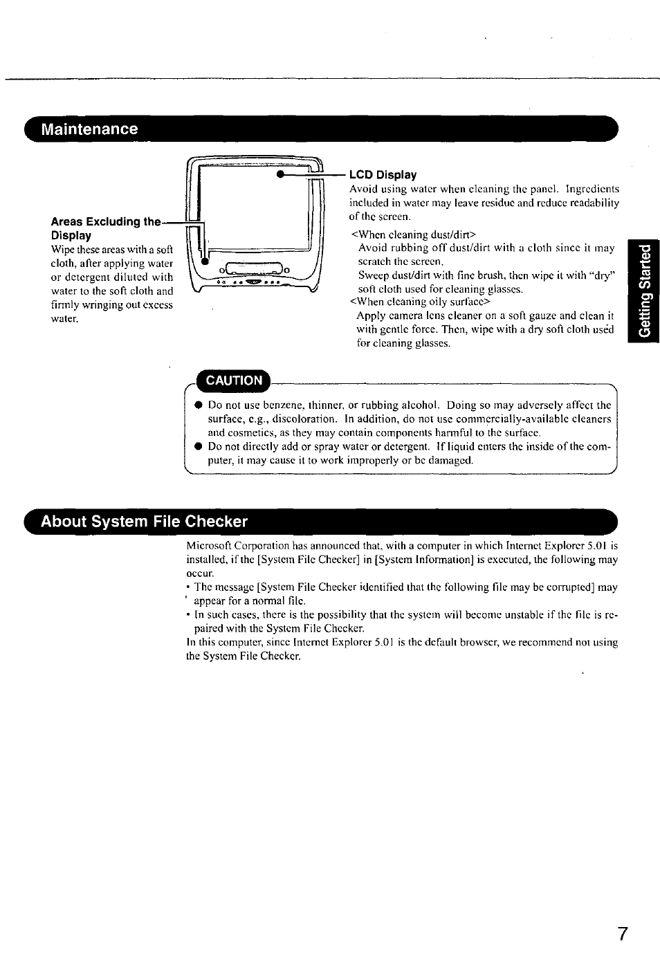 Maintenance, Areas excluding the display, Lcd display | About system file checker | Panasonic CF-E1M User Manual | Page 7 / 64