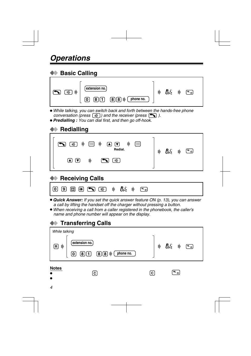 Operations, Basic calling, Receiving calls | Transferring calls, Redialling | Panasonic KX-TD7580 User Manual | Page 4 / 20