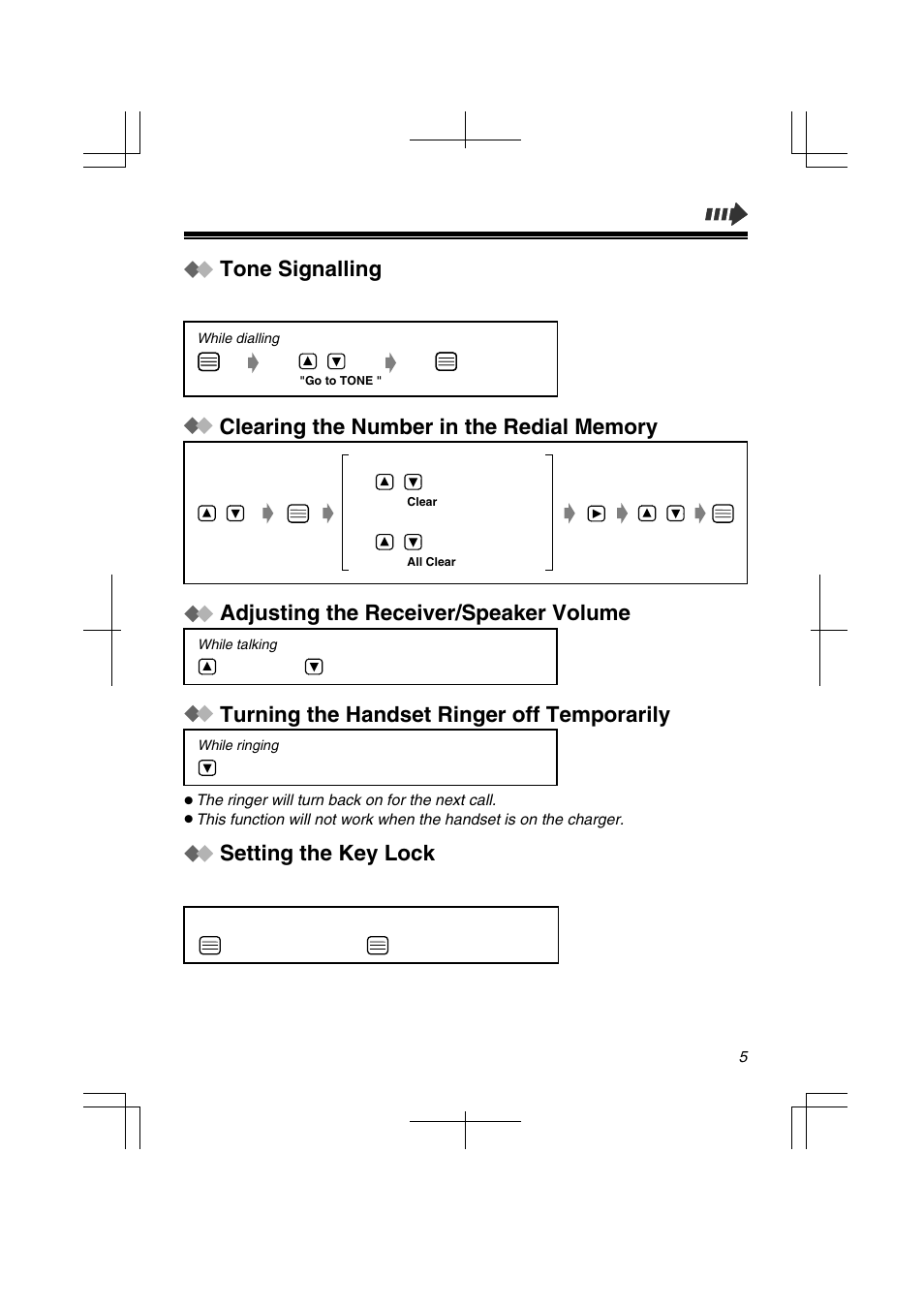 Turning the handset ringer off temporarily, Tone signalling, Setting the key lock | Panasonic KX-TD7580 User Manual | Page 5 / 20