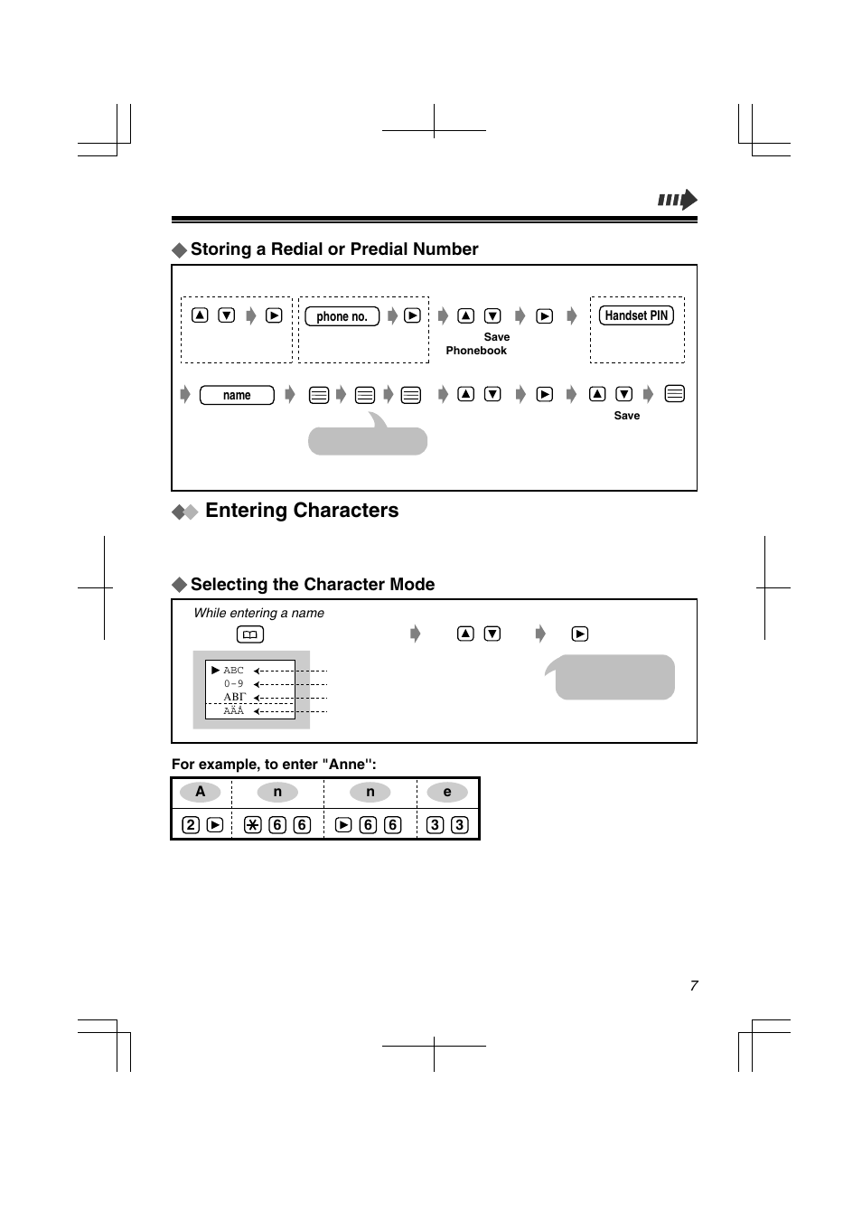 Entering characters, Selecting the character mode, Storing a redial or predial number | Panasonic KX-TD7580 User Manual | Page 7 / 20