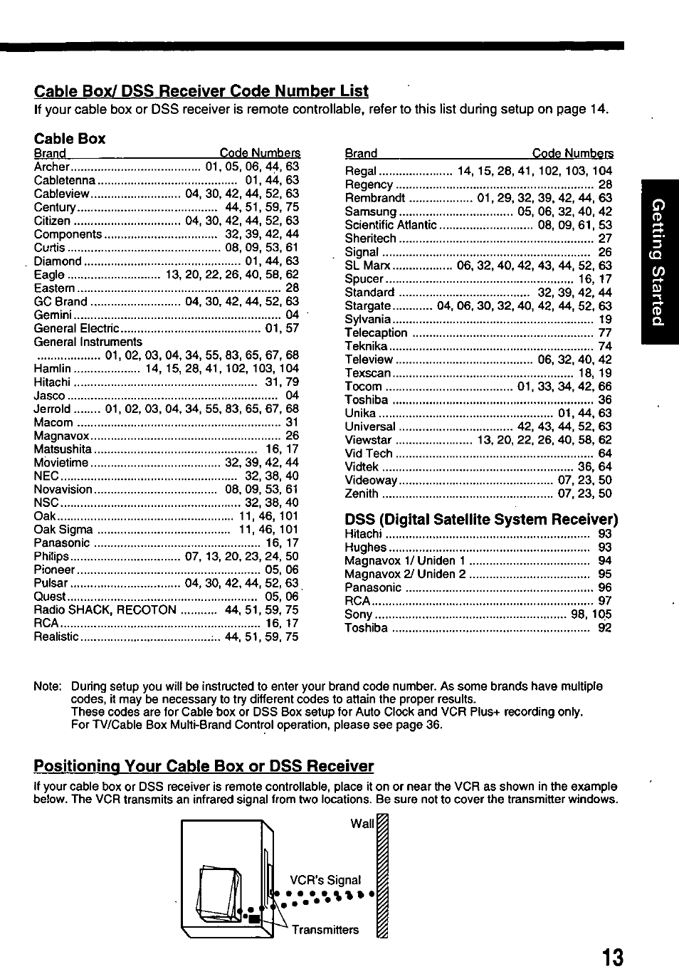 Cable box/ dss receiver code number list, Positioning your cable box or dss receiver | Panasonic PV-8665S User Manual | Page 13 / 44