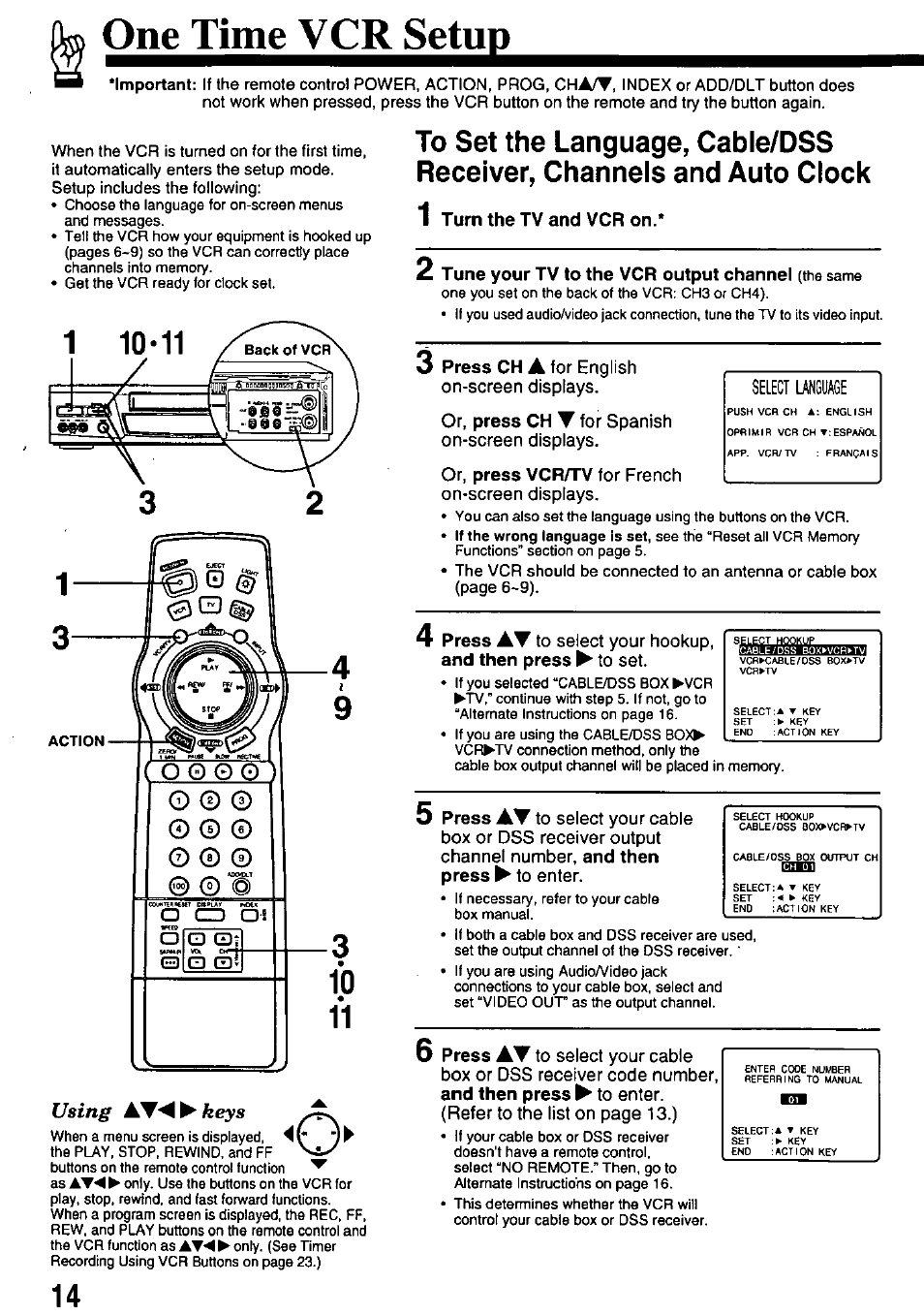 Turn the tv and vcr on, 2 tune your tv to the vcr output channel (the same, One time vcr setup | Panasonic PV-8665S User Manual | Page 14 / 44