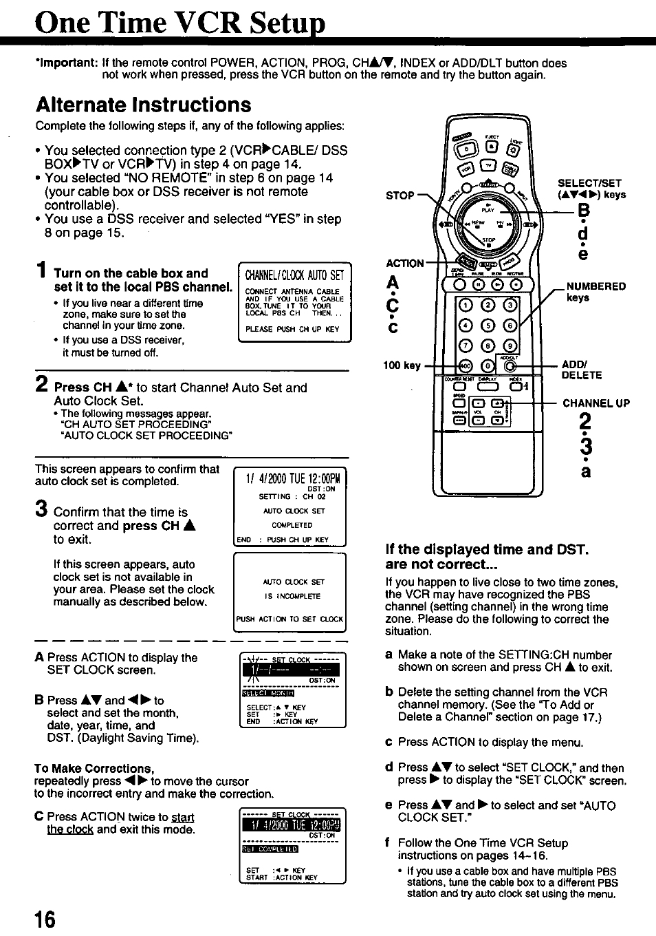 One time vcr setup, Alternate instructions | Panasonic PV-8665S User Manual | Page 16 / 44