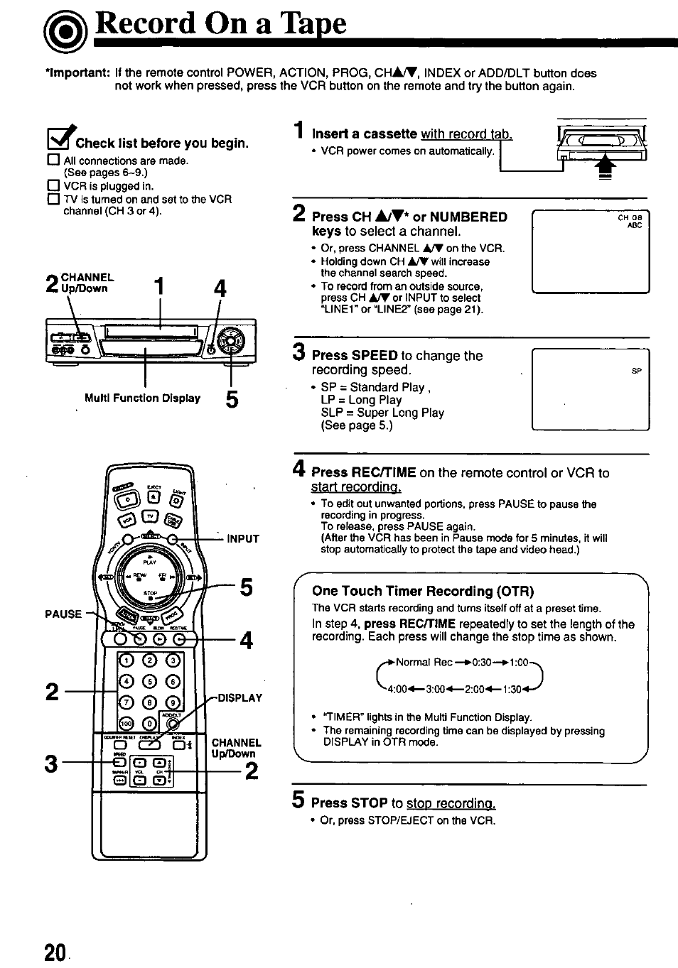 Check list before you begin, One touch timer recording (otr), Record on a tape | Panasonic PV-8665S User Manual | Page 20 / 44
