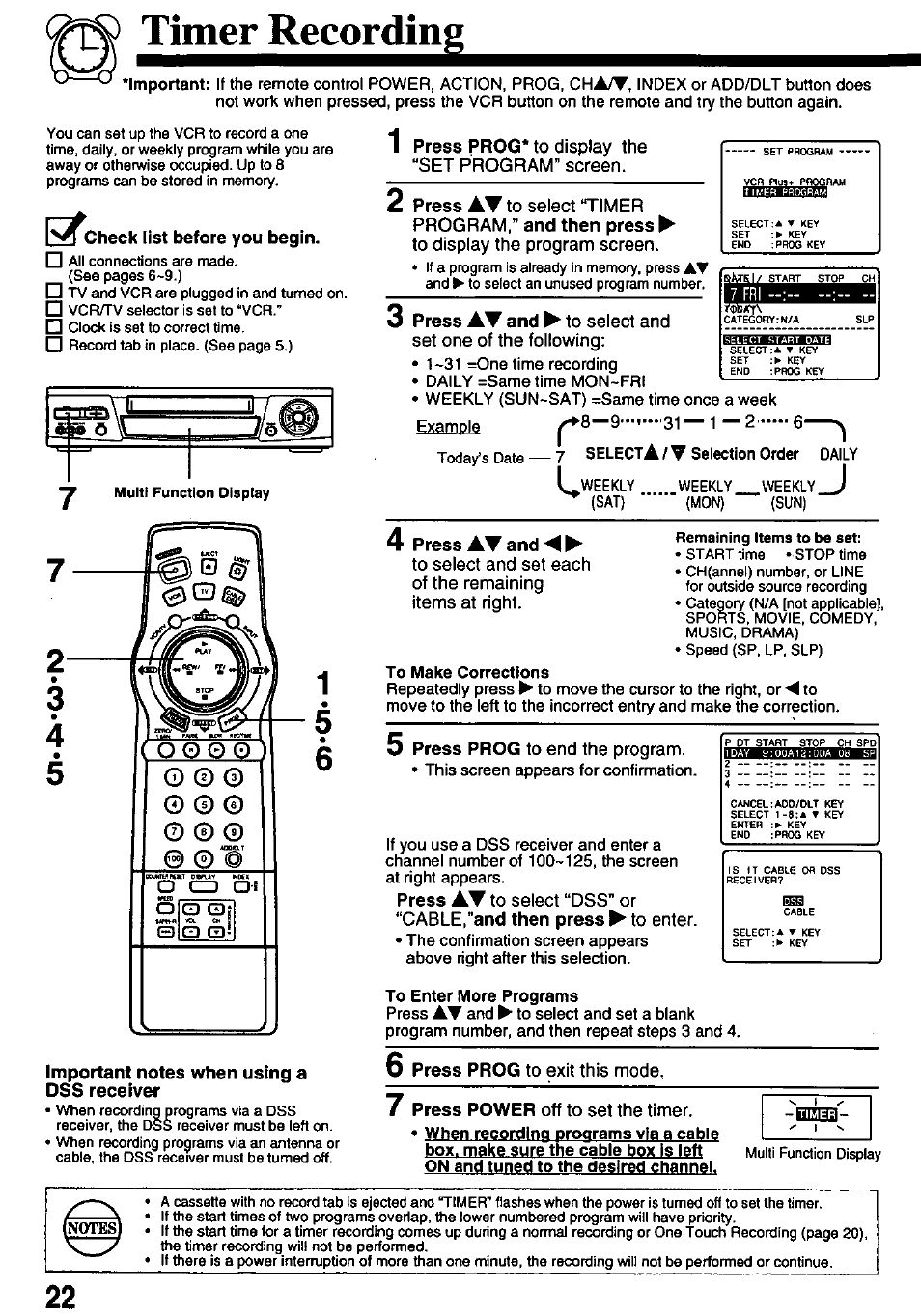 Timer recording, Check list before you begin, Press at and | Important notes when using a dss receiver | Panasonic PV-8665S User Manual | Page 22 / 44