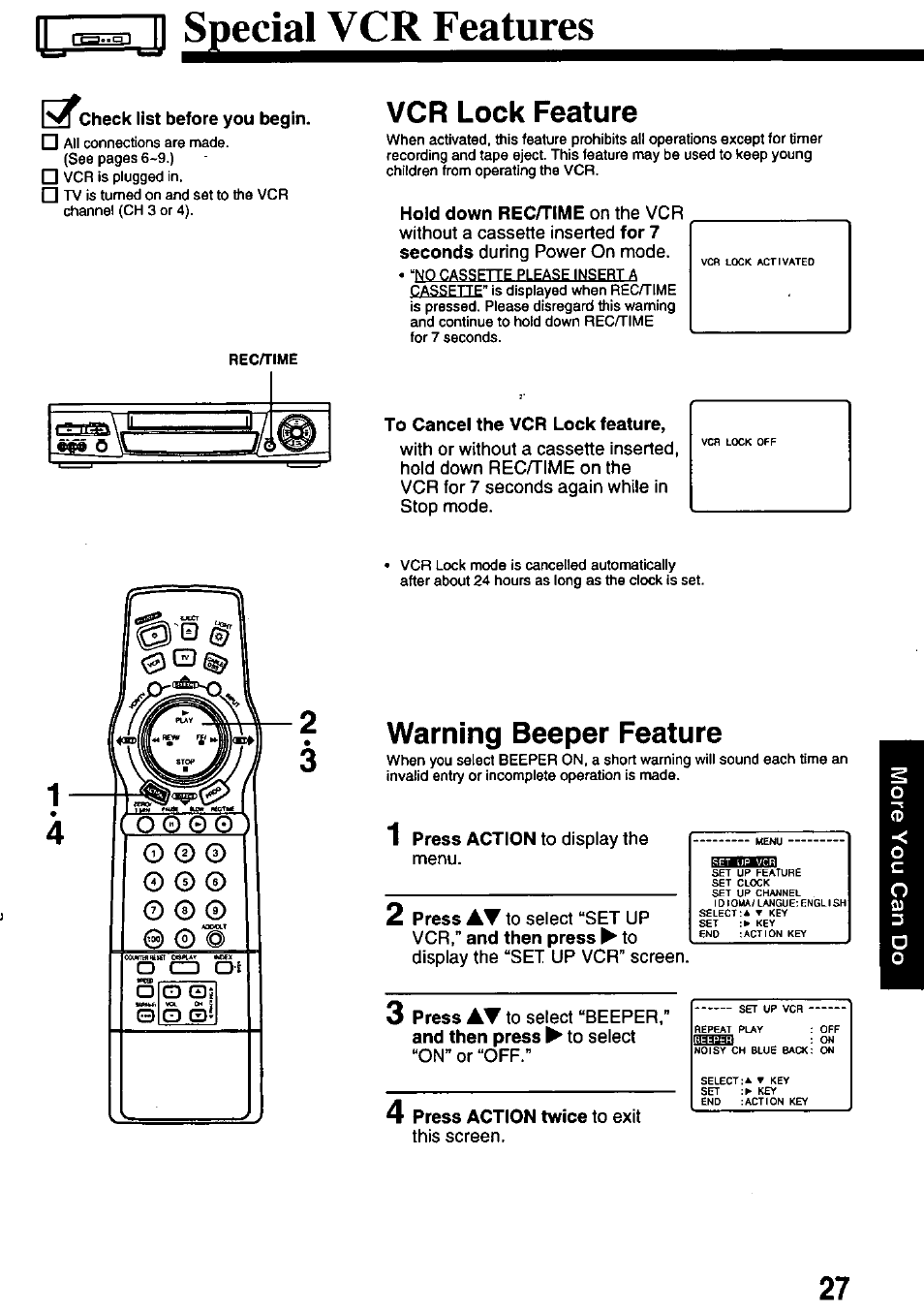 Check list before you begin, Vcr lock feature, Hold down rec/time on the vcr | To cancel the vcr lock feature, Warning beeper feature, O cd, O qi, Cd g)i, Aw\o | Panasonic PV-8665S User Manual | Page 27 / 44