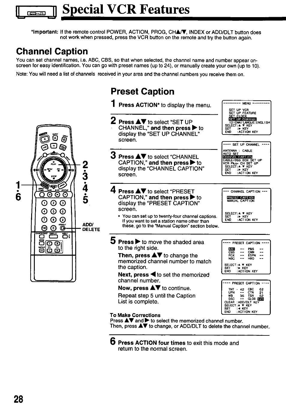 Channel caption, Preset caption, Now, press at to continue | Aasimaibb, Special vcr features, Preset caption 1 | Panasonic PV-8665S User Manual | Page 28 / 44