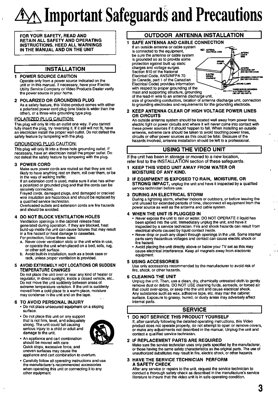Installation, Outdoor antenna installation, Using the video unit | Service, Important safeguards and precautions | Panasonic PV-8665S User Manual | Page 3 / 44