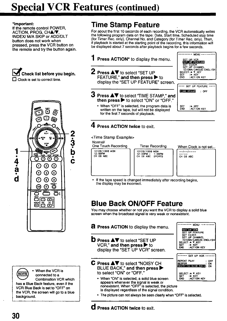 Special vcr features (continued), Check list before you begin, Time stamp feature | Press action* to display the menu, Display the “set up feature” screen, Press action twice to exit, Blue back on/off feature, 3 press action to display the menu, Display the “set up vcr” screen, Нзшгатаз | Panasonic PV-8665S User Manual | Page 30 / 44