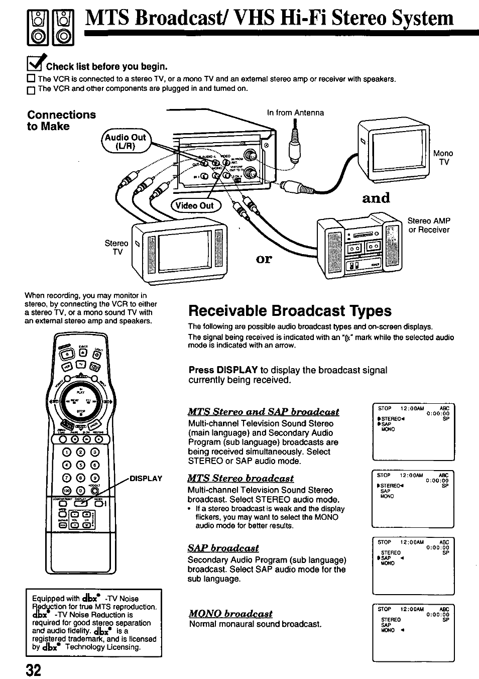 Check list before you begin, Connections to make, Receivable broadcast types | I| mts broadcast/ vhs hi-fi stereo system, Stereo and sap broadcast, Mts stereo broadcast, Sap broadcast, Mono broaiicast | Panasonic PV-8665S User Manual | Page 32 / 44