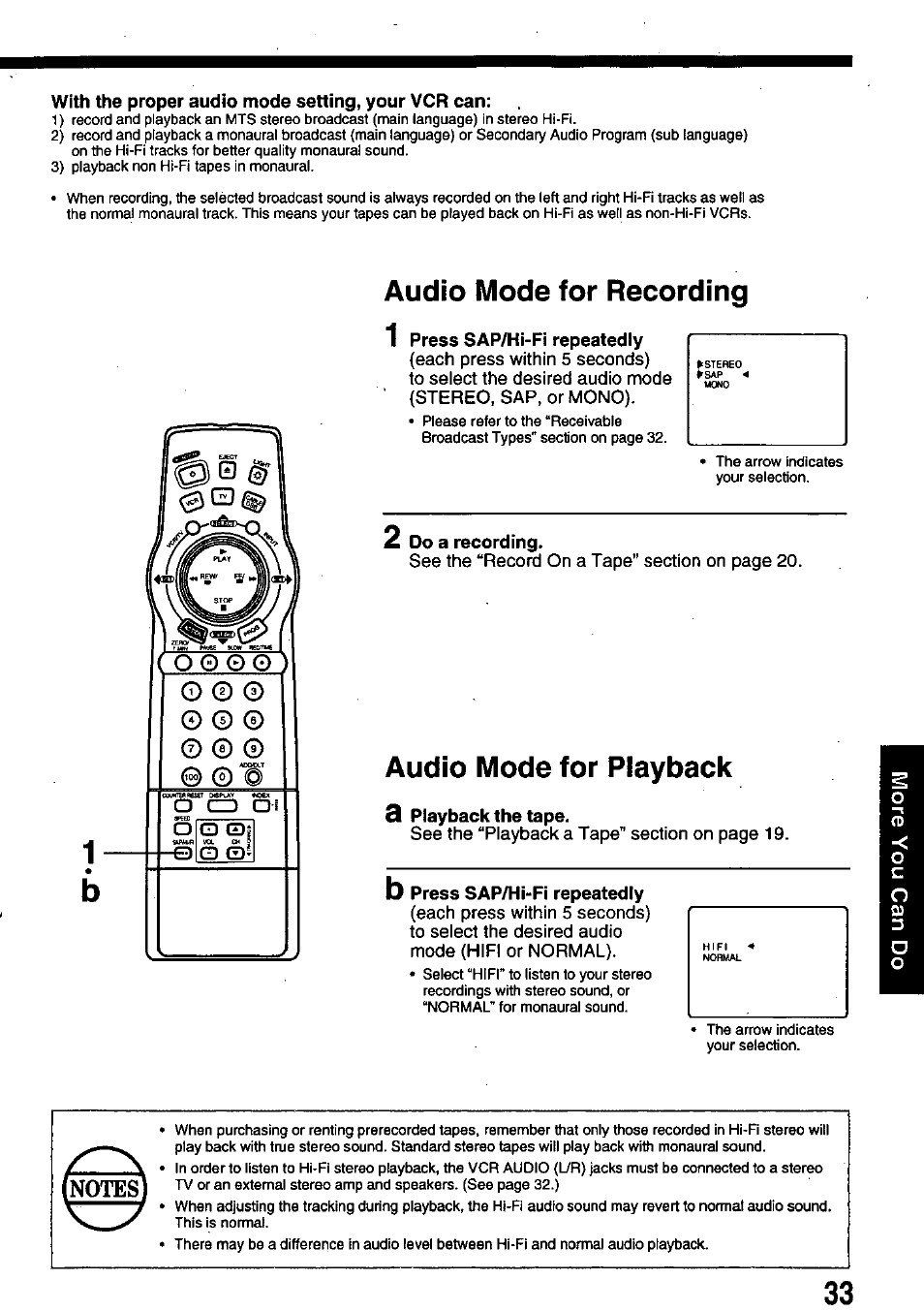 With the proper audio mode setting, your vcr can, Audio mode for recording 1, Press sap/hi-fi repeatedly | 2 do a recording, Audio mode for playback, A playback the tape, B press sap/hi-fi repeatedly, Audio mode for recording | Panasonic PV-8665S User Manual | Page 33 / 44