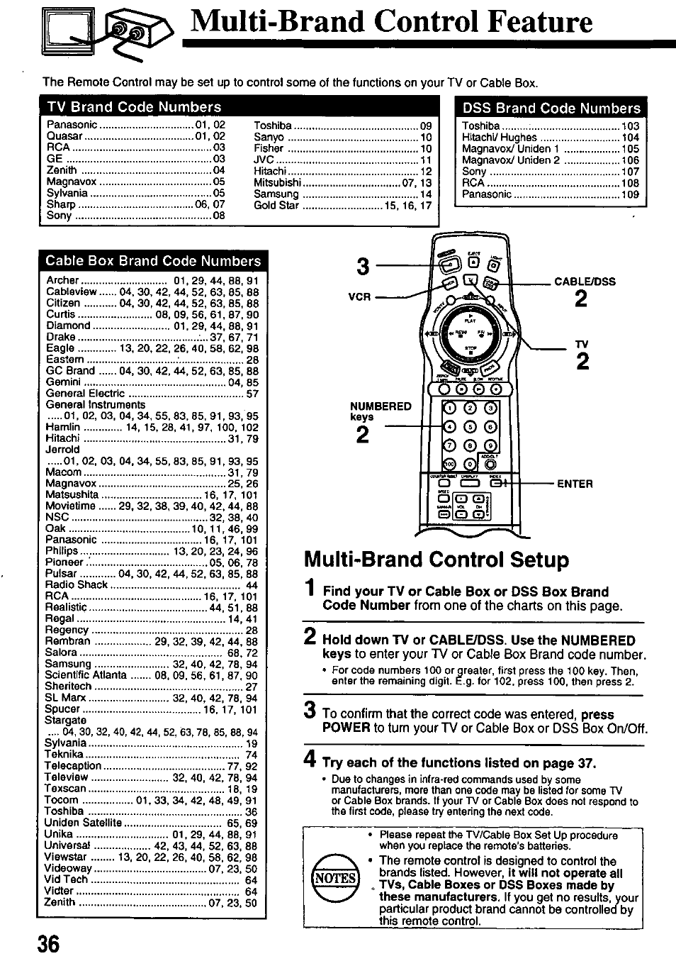 Cable box brand code numbers, Multi-brand control setup, 1 find your tv or cable box or dss box brand | Multi-brand control feature, O cd of | Panasonic PV-8665S User Manual | Page 36 / 44
