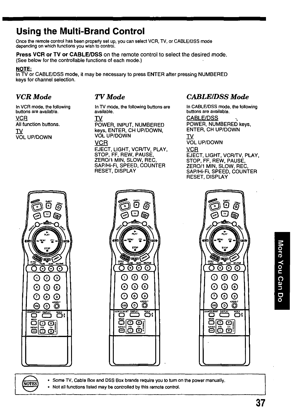Using the multi-brand control, Cable/dss, O cz) oi | O g)f, Vcr mode, Tvmode, Cablefdss mode | Panasonic PV-8665S User Manual | Page 37 / 44