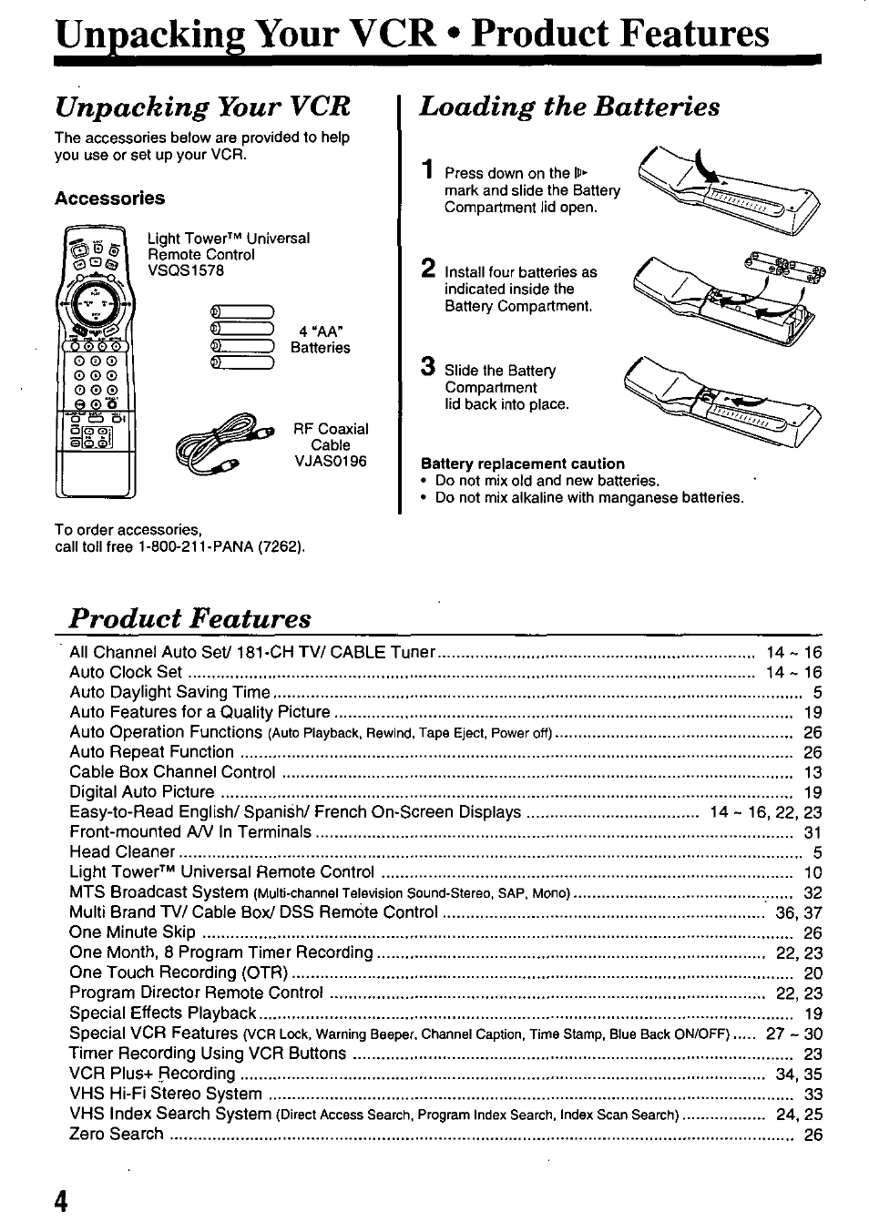 Unpackingj^ourvc^^jpr, Unpacking your vcr, Loading the batteries | Product features | Panasonic PV-8665S User Manual | Page 4 / 44