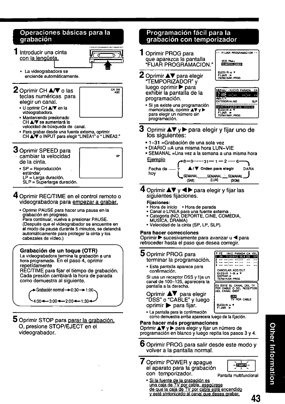 Operaciones básicas para la grabación, Grabación de un toque (otr), Вншизажшма | Panasonic PV-8665S User Manual | Page 43 / 44
