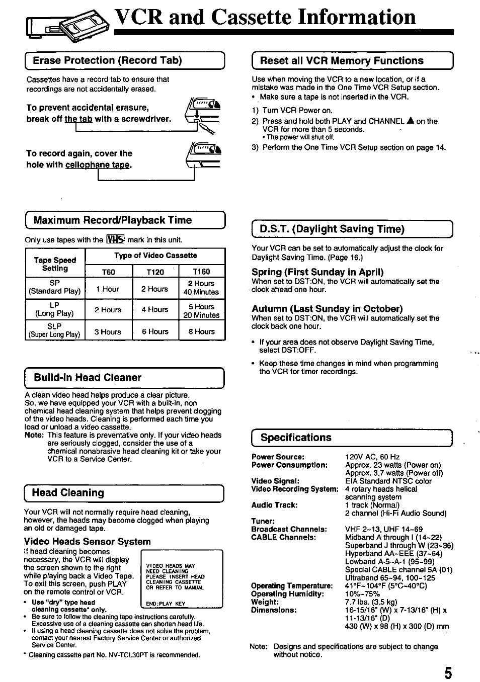 Vcr and cassette information, Autumn (last sunday in october) | Panasonic PV-8665S User Manual | Page 5 / 44